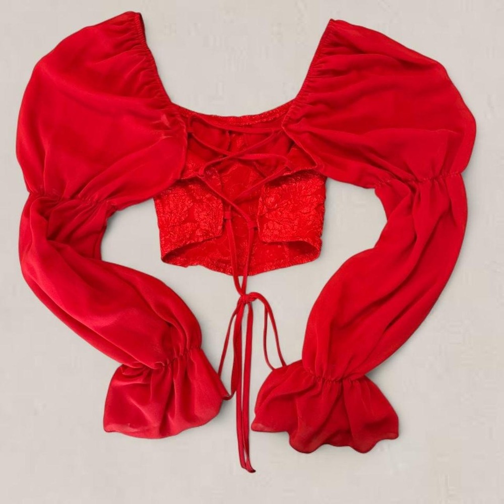 SHEIN Red Lace Corset Crop Top Sheer Puff Sleeve Tie Back Size Large - Picture 3 of 7
